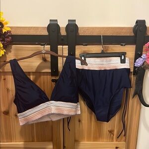 Navy Blue Bikini Set with Multicolor Trim